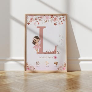 Póster infantil personalizado - hada - flores - fecha de nacimiento - nombre - peso - altura - hora de nacimiento - decoración de pared - dormitorio