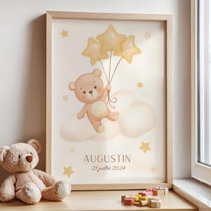 Personalized first name poster - theme in the stars - teddy bear - star - cloud - children's room decoration