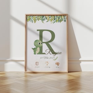 Póster personalizado para niños - dinosaurio - flores - fecha de nacimiento - nombre - peso - altura - hora de nacimiento - decoración de pared -