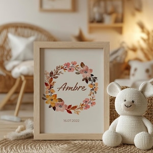 Poster personalizzato con nome - corona di fiori - decorazione da parete per la cameretta dei bambini