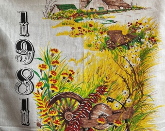 Paño de cocina con calendario vintage de 1981 - Paisaje de granja - Incluye clavija y cuerda