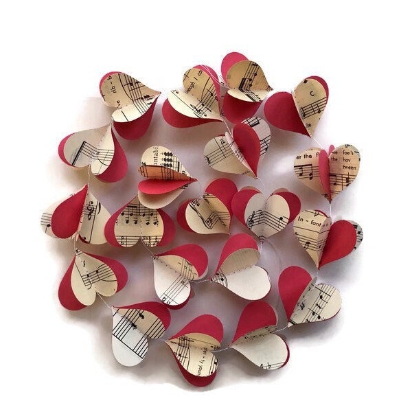 Vintage Sheet Music and Red Paper Heart Garland -  Sustainable Wedding Decoration