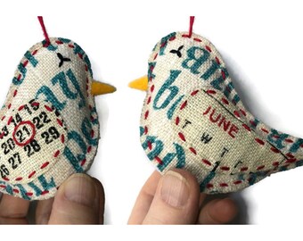 Custom Date Bird Ornament - Made from a Vintage Calendar Tea Towel and Hand Embroidered