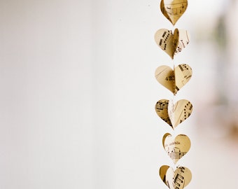 Extra Long Vintage Sheet Music Heart Garland - Wedding or Bridal Shower Decoration or Gift - Sustainable Wedding Decor