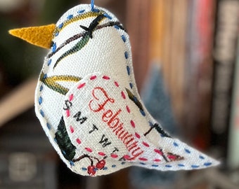February Bird Ornament - Hand Embroidered Gift