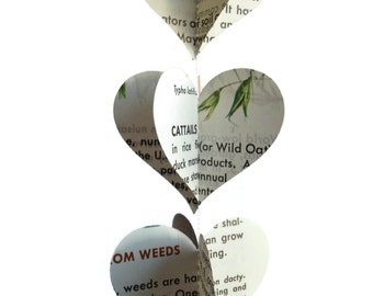 Weeds Mini Paper Heart Garland Decoration -  Repurposed Vintage Field Guide to Weeds