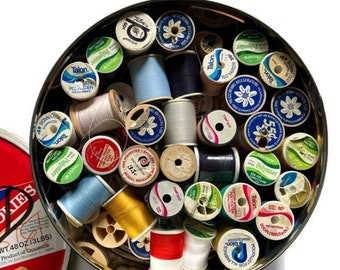 Cookie Tin Filled With Vintage Sewing Notions - Thread - Instant Collection