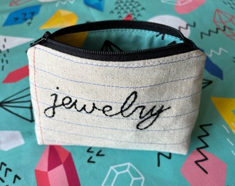 Hand Embroidered Jewelry Bag: Recycled Cotton Zipper Pouch