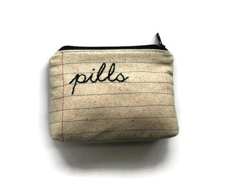 Handmade Embroidered "Pills" Zipper Pouch - Upcycled Denim