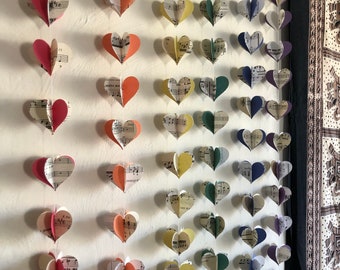 Choose Your Color - Vintage Sheet Music and Colorful Paper Heart Garland - Red Pink Orange Yellow Green Blue Violet Black Brown