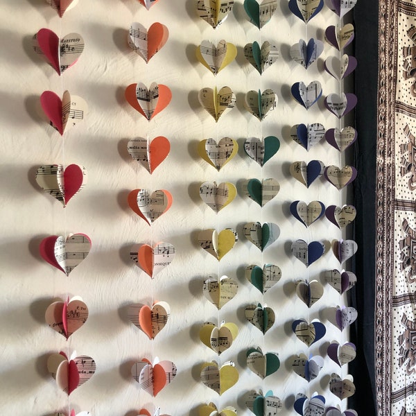 Choose Your Color - Vintage Sheet Music and Colorful Paper Heart Garland - Red Pink Orange Yellow Green Blue Violet Black Brown