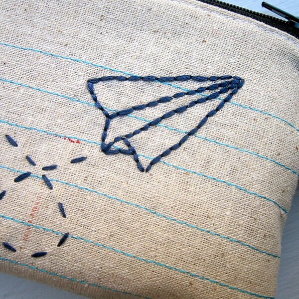 Zipper Pouch- Paper Airplane- Hand Embroidered and Machine Stitched