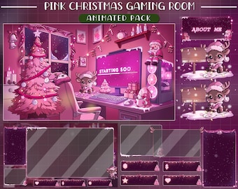 Puede incluir: Un conjunto gráfico digital titulado Pink Christmas Gaming Room Animated Pack que muestra una habitación rosa con un árbol de Navidad, computadora y renos. Incluye varios marcos de superposición, paneles y pancartas con motivos festivos.