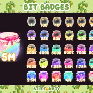 Peut inclure: Ensemble de badges numériques avec des bocaux représentant des montants d'argent allant de 1 à 5 millions. Les badges de style dessin animé sont sur fond noir avec le texte "BIT BADGES".