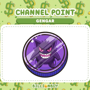 Pu&ograve; includere: Una moneta viola del personaggio Gengar con un sorriso minaccioso e occhi rossi, su uno sfondo verde con simboli del dollaro. Il testo "CHANNEL POINT" e "GENGAR" &egrave; visualizzato sopra.