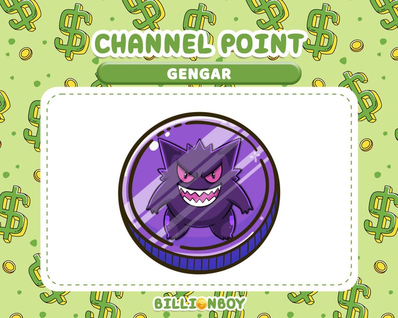 Pu&ograve; includere: Una moneta viola del personaggio Gengar con un sorriso minaccioso e occhi rossi, su uno sfondo verde con simboli del dollaro. Il testo "CHANNEL POINT" e "GENGAR" &egrave; visualizzato sopra.