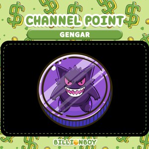 Pu&ograve; includere: Grafica digitale con un personaggio Gengar viola all'interno di una cornice circolare. La cornice &egrave; su uno sfondo nero, con le parole "CHANNEL POINT" e "GENGAR" sopra. Lo sfondo &egrave; un motivo verde chiaro con simboli del dollaro.