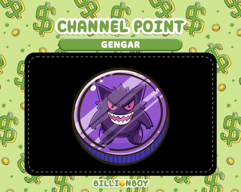 Pu&ograve; includere: Grafica digitale con un personaggio Gengar viola all'interno di una cornice circolare. La cornice &egrave; su uno sfondo nero, con le parole "CHANNEL POINT" e "GENGAR" sopra. Lo sfondo &egrave; un motivo verde chiaro con simboli del dollaro.