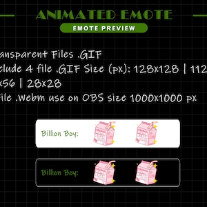 May include: Animated GIF emote featuring a pink carton of milk with a straw and the text "DUMB BITCH JUICE". The emote is available in four sizes: 128x128, 112x112, 56x56, and 28x28 pixels. It is also available as a 1000x1000 pixel webm file for use on OBS.