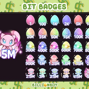 Peut inclure: Ensemble de Bit Badges avec des œufs colorés et un personnage de chat rose. Les badges affichent des valeurs de 1 à 5M, avec du texte indiquant différents montants. Le fond est noir avec un motif de signe dollar vert.