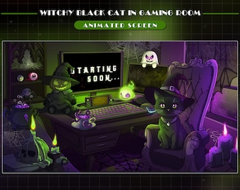 Animated Mystic Black Cat in Haunted Gaming Room Stream Screens, Witchy Twitch Overlay with Ghost...