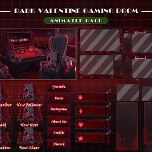 Peut inclure: Un pack d'art numérique sur le thème sombre de la Saint-Valentin pour une salle de jeux. Le pack comprend des superpositions animées, des alertes et des panneaux. La palette de couleurs est principalement rouge et noir, avec des éléments gothiques comme des roses et des ours en peluche.