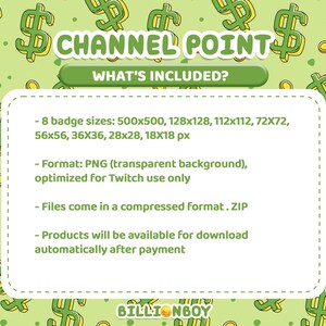 Pu&ograve; includere: Uno sfondo verde con simboli del dollaro e monete d'oro circonda una scatola bianca con il testo "CHANNEL POINT" e "WHAT'S INCLUDED?". La scatola elenca 8 dimensioni di badge, formato PNG e file compressi.