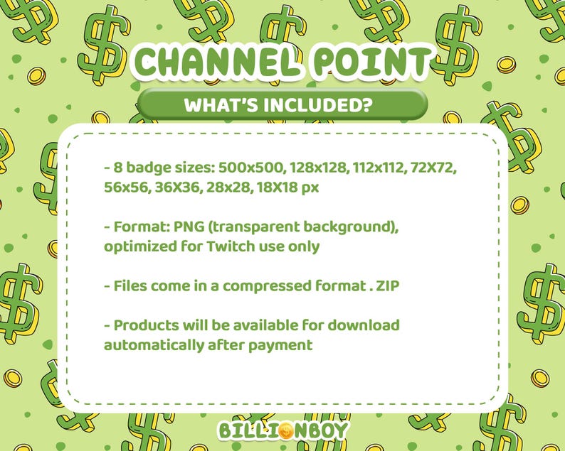 Pu&ograve; includere: Uno sfondo verde con simboli del dollaro e monete d'oro circonda una scatola bianca con il testo "CHANNEL POINT" e "WHAT'S INCLUDED?". La scatola elenca 8 dimensioni di badge, formato PNG e file compressi.