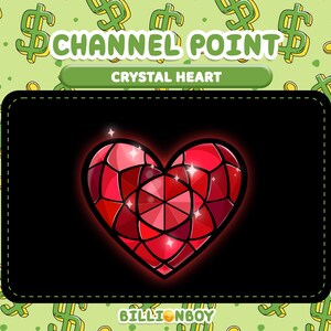 Può includere: Grafica digitale con un cuore di cristallo rosso su sfondo nero. Il cuore è segmentato e scintillante, con il testo "CHANNEL POINT" e "CRYSTAL HEART" sopra. Lo sfondo è verde chiaro con simboli del dollaro.