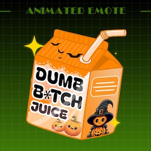 Puede incluir: Emoticono animado que presenta un cartón de jugo de naranja con el texto "DUMB B*TCH JUICE". El cartón tiene una pajita, murciélagos y dos calabazas. También aparece un personaje de calabaza con sombrero de bruja.