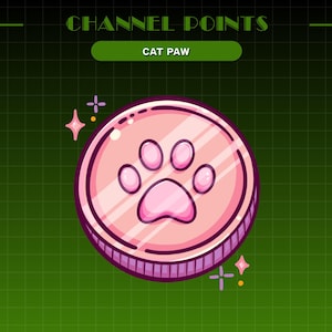 Peut inclure: Une pièce de monnaie rose et violette avec une empreinte de patte de chat rose au centre. La pièce a une surface brillante et réfléchissante et est entourée d'un contour blanc. Le texte "CHANNEL POINTS" est en haut de l'image et "CAT PAW" est dans un rectangle blanc sous la pièce.