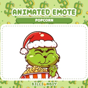 Peut inclure: Émoticône animée d'un personnage vert portant un bonnet de Père Noël, tenant un seau de pop-corn. Le personnage affiche un sourire espiègle. Le fond est vert avec des symboles de dollars et des pièces. Le texte indique "ANIMATED EMOTE" et "POPCORN".