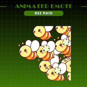 Op de afbeelding: Geanimeerde emote met een zwerm schattige cartoon-bijen met gele en bruine strepen, witte vleugels en grote ogen. De bijen zijn in een cluster gerangschikt, waarbij sommige bijen witte bloemen op hun kop dragen. De tekst "BEE RAID" wordt boven de bijen weergegeven.