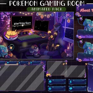 以下が含まれることがあります： 暗いテーマのアニメーション「ポケモンゲーミングルーム」パック。画像には、2つのモニター、キーボード、フシギダネ、ピカチュウ、ブラッキーなど、さまざまなポケモンをテーマにした装飾が施されたゲーム設定が描かれています。「Starting Soon」というテキストが1つのモニターに表示されています。