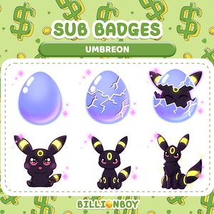 Puede incluir: Un conjunto de insignias secundarias con temática de Umbreon. Las insignias incluyen un huevo, un huevo agrietado y un Umbreon saliendo de un huevo. Las otras insignias presentan a Umbreon en varias poses. El fondo es verde con símbolos de dólar y monedas.