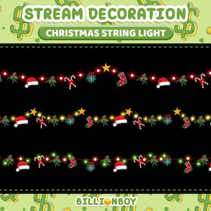 Puede incluir: Ilustración digital de luces de cadena navideñas con decoraciones festivas. Las luces presentan colores rojo, verde y amarillo, con gorros de Papá Noel, bastones de caramelo, calcetines y estrellas. El texto "STREAM DECORATION" y "CHRISTMAS STRING LIGHT" está en la parte superior.