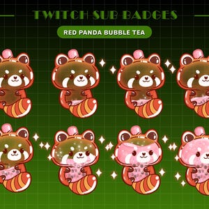 May include: Eight Twitch sub badges featuring a cartoon red panda with bubble tea. The badges are brown and red with white outlines and sparkling accents. The text "Twitch Sub Badges" and "Red Panda Bubble Tea" are at the top, set against a green background.