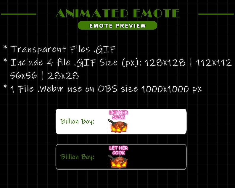 May include: Animated emote preview with text and graphics. The text includes "ANIMATED EMOTE" and "EMOTE PREVIEW". The image also includes the text "Transparent Files .GIF" and "LET HER COOK". The graphic shows a pan with food.
