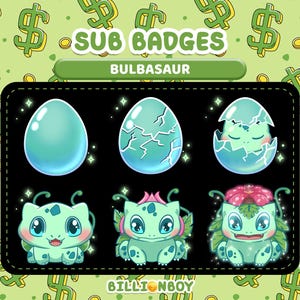 Könnte beinhalten: Ein Satz von Bulbasaur-Themen-Sub-Badges. Das Bild zeigt eine Reihe von Illustrationen, die Bulbasaur's Entwicklung zeigen, vom Ei bis zu seiner endgültigen Form. Der Hintergrund ist hellgrün mit Dollarzeichen und Goldmünzen.