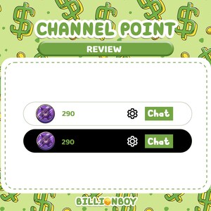 Pu&ograve; includere: Grafica digitale con le parole "CHANNEL POINT" e "REVIEW" in verde. L'immagine mostra due opzioni con un'icona viola, il numero 290, un'icona a forma di ingranaggio e un pulsante verde "Chat". Lo sfondo &egrave; verde con simboli del dollaro.