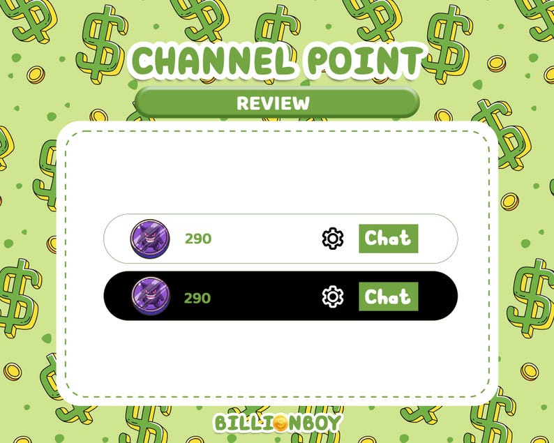 Pu&ograve; includere: Grafica digitale con le parole "CHANNEL POINT" e "REVIEW" in verde. L'immagine mostra due opzioni con un'icona viola, il numero 290, un'icona a forma di ingranaggio e un pulsante verde "Chat". Lo sfondo &egrave; verde con simboli del dollaro.
