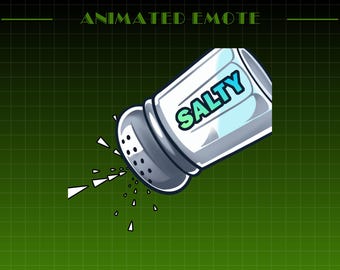 May include: Animated emote of a salt shaker with the word "SALTY" in a blue and green font. The salt shaker is white and gray, with salt particles coming out of the top. The background is a green grid.