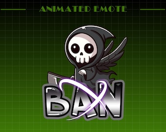 Puede incluir: Arte digital animado de un Grim Reaper de dibujos animados con una guadaña y alas, sosteniendo una pancarta negra y plateada con la palabra "BAN" en un contorno blanco.