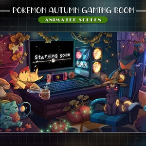 Könnte beinhalten: Eine animierte digitale Illustration eines Gaming-Zimmers mit dem Text POKEMON AUTUMN GAMING ROOM und ANIMATED SCREEN. Die Szene zeigt einen Computermonitor mit der Aufschrift Starting soon, einen Gaming-Stuhl, ein schlafendes Pikachu und ein Nachtara mit Hut.