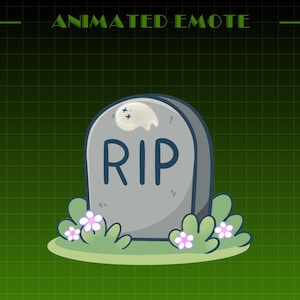 May include: Animated emote featuring a gray tombstone with the letters "RIP" in blue. A small ghost hovers above the tombstone. Green grass and small white and pink flowers are at the base of the tombstone. The background is a dark green grid.