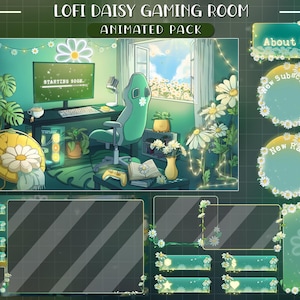 Peut inclure: Un pack animé de salle de jeux sur le thème des marguerites. La scène comprend une configuration informatique, une chaise de jeu verte et des éléments décoratifs comme des marguerites et des guirlandes lumineuses. Le texte comprend "LOFI DAISY GAMING ROOM" et "ANIMATED PACK".