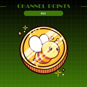Puede incluir: Una moneda de oro con una abeja de dibujos animados en su interior. La abeja tiene rayas amarillas y negras, alas blancas y una cara linda. La moneda tiene una superficie brillante y reflectante. El texto "CHANNEL POINTS" está en la parte superior de la imagen, y el texto "BEE" está en un rectángulo más pequeño debajo.
