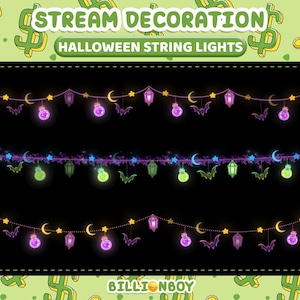 May include: Three horizontal strings of Halloween-themed decorative lights against a black background. The strings feature hanging purple and green glowing potion bottles, lanterns, crescent moons, stars, and bats. Text reads STREAM DECORATION HALLOWEEN STRING LIGHTS and BILLIONBOY.