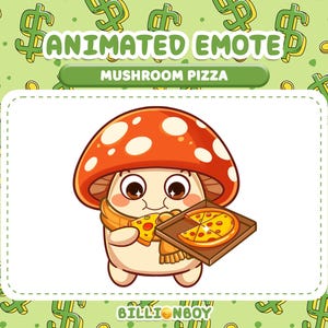 Puede incluir: Una ilustración digital de un personaje de hongo de dibujos animados con un sombrero rojo y puntos blancos, usando una bufanda amarilla. El personaje sostiene una rebanada de pizza y una bandeja con una pizza. Texto ANIMATED EMOTE MUSHROOM PIZZA y BILLIONBOY.