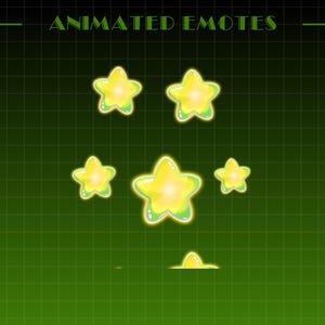 May include: Animated emotes featuring yellow stars with a bright glow and green outlines. The stars are arranged on a green grid background, with the text "ANIMATED EMOTES" at the top.